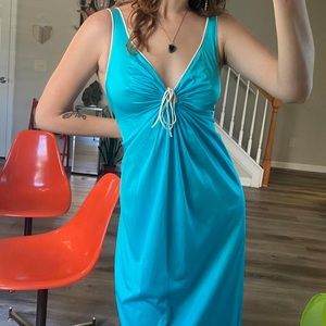 60s / 70s tiffany blue long length slip dress with a super flattering front tie!
